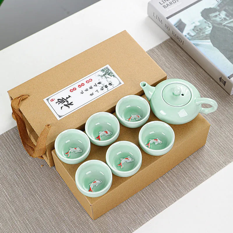 Ceramic celadon portable tea set with teapot and six cups in modern simple style
