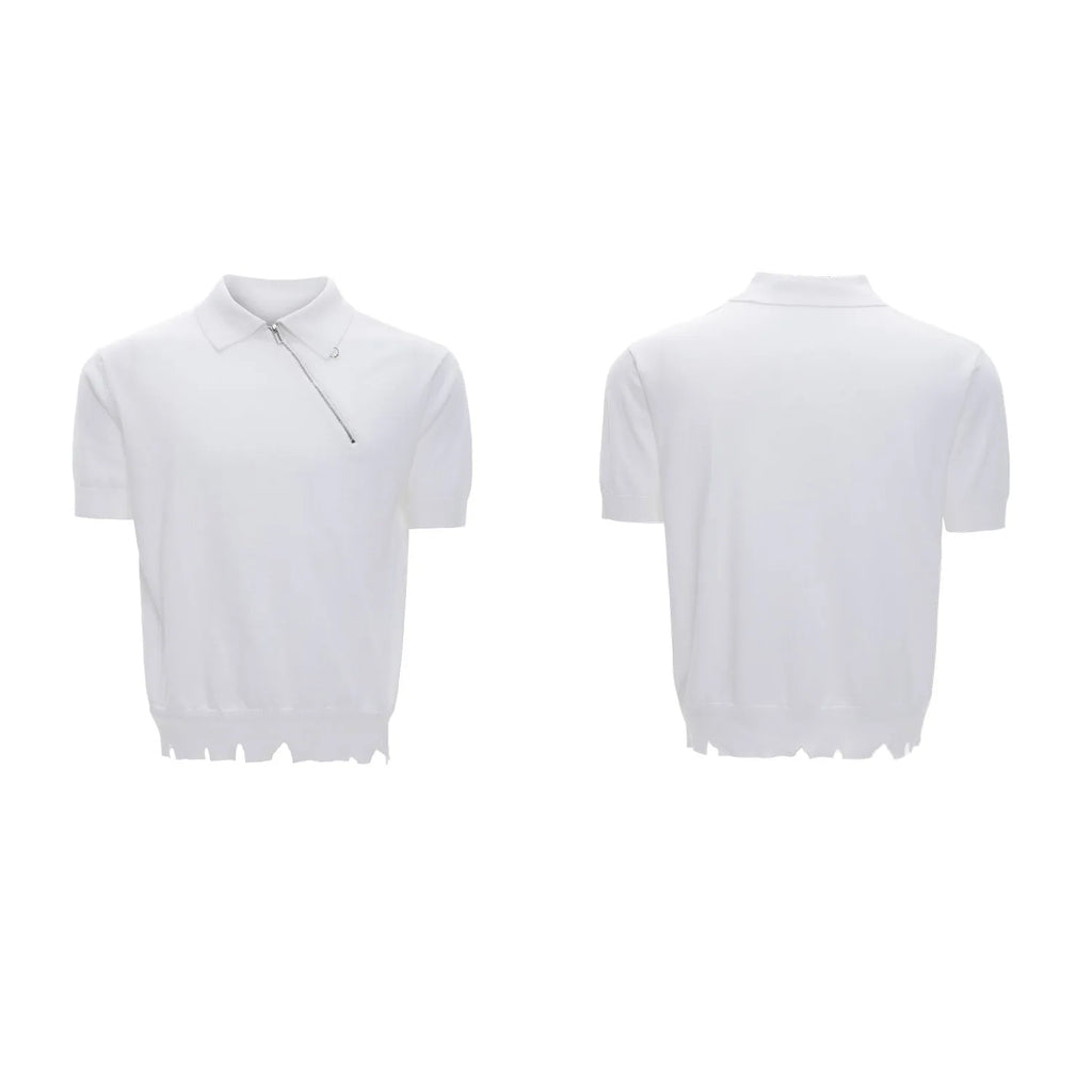 Men's black knitted polo shirt with oblique zipper and slim-fit ice-feel design