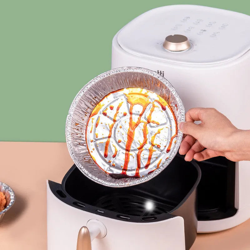Round disposable aluminium foil liner for air fryer with 4cm high edges, 8 inch size, on a white background