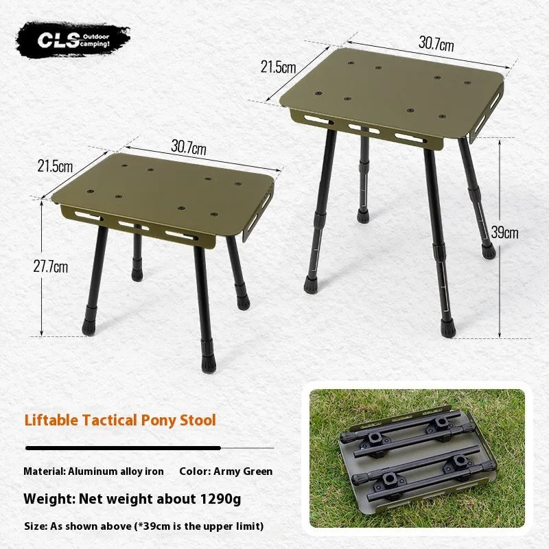 CLS aluminium dual-use folding camping stool shown extended as a table and folded with its carry bag.