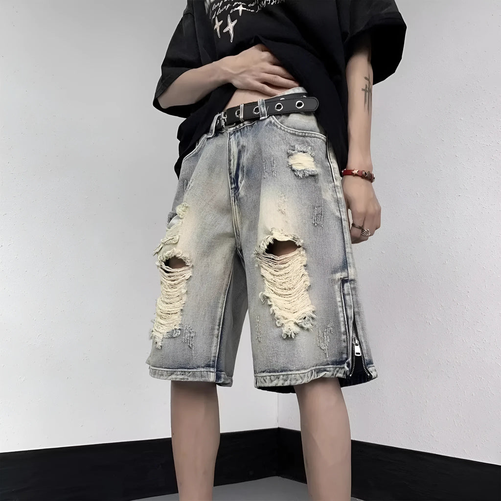 Blue retro denim shorts with wide-leg loose cut and tattered detailing, fifth pants length