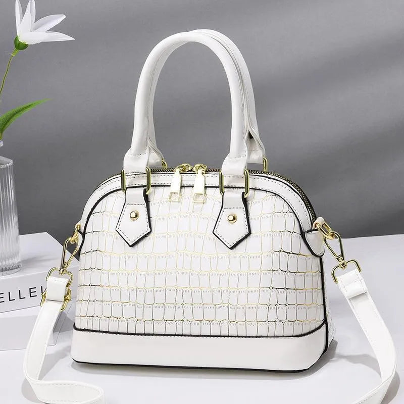 Women's shell-shaped PU top handle crossbody bag, solid colour, patent finish, metal accent, large size, zipper closure