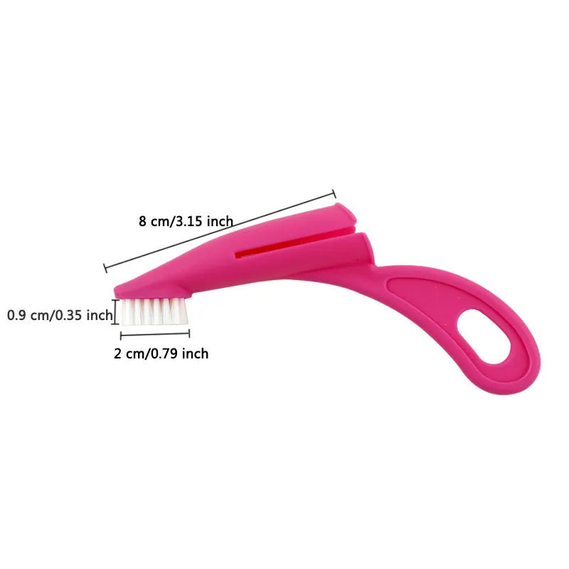 Red and white pet finger toothbrush with silicone bristles for cleaning dog and cat teeth.