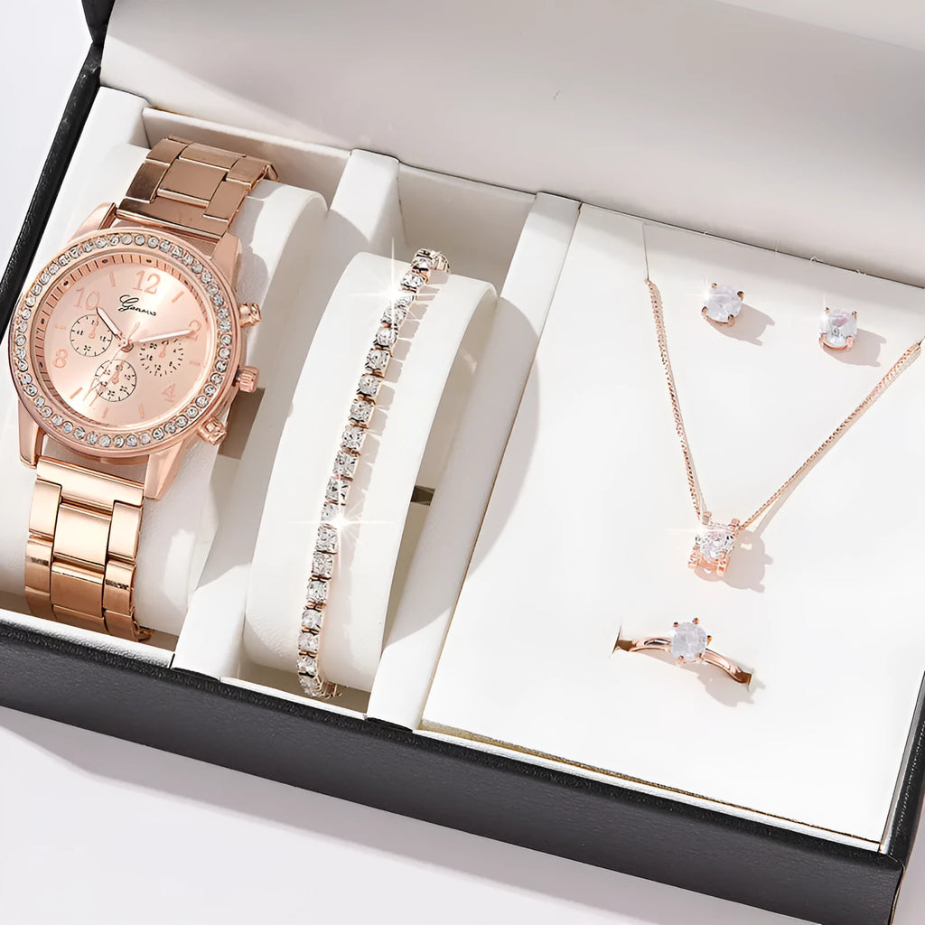 Women's three-eye quartz diamond-embedded watch with rose gold alloy strap