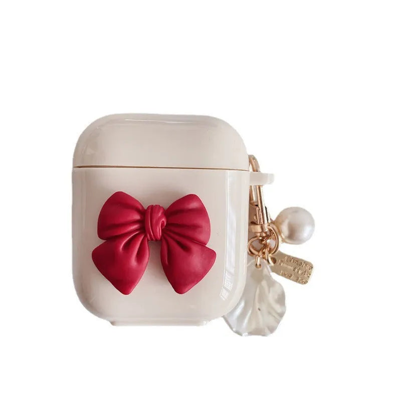 Beige red bow shell design TPU protective case for Apple AirPods Pro wireless earphones