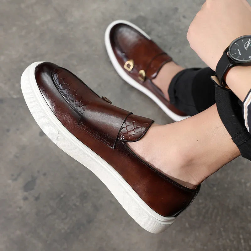 Men's casual embossed leather stitching shoes with flat heel, round toe, black and brown colour, sizes 38-46