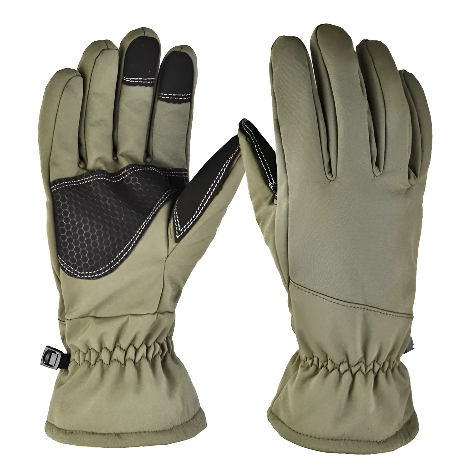 Army Green tactical ski glove with touch screen fingertips on a snowy background.