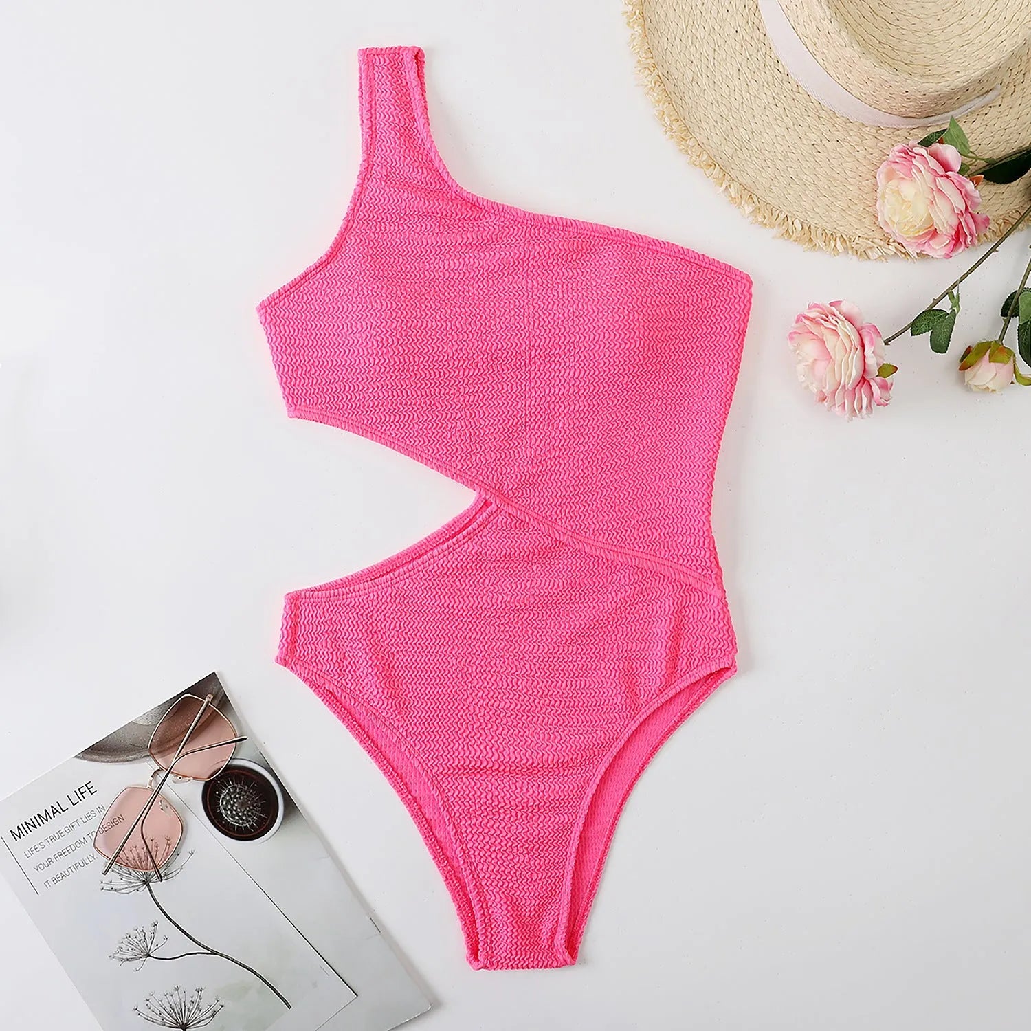 Plain solid colour one shoulder one piece swimsuit for women polyester fabric swimming wading beachwear