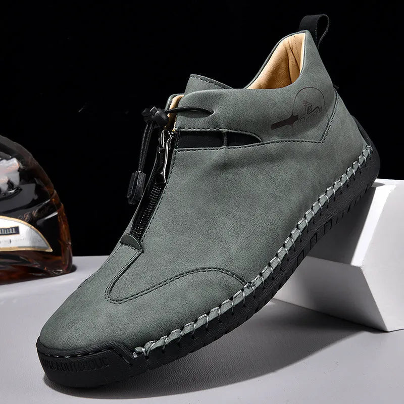 Men's casual leather shoes in khaki with round toe, mid heel, and reinforced leather upper.