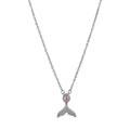 Close-up of a women's sterling silver necklace with a geometric fishtail pendant on an O-ring chain.