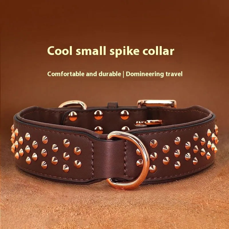 Leather dog collar with metal rivets in black, chocolate, or pink for large breed training