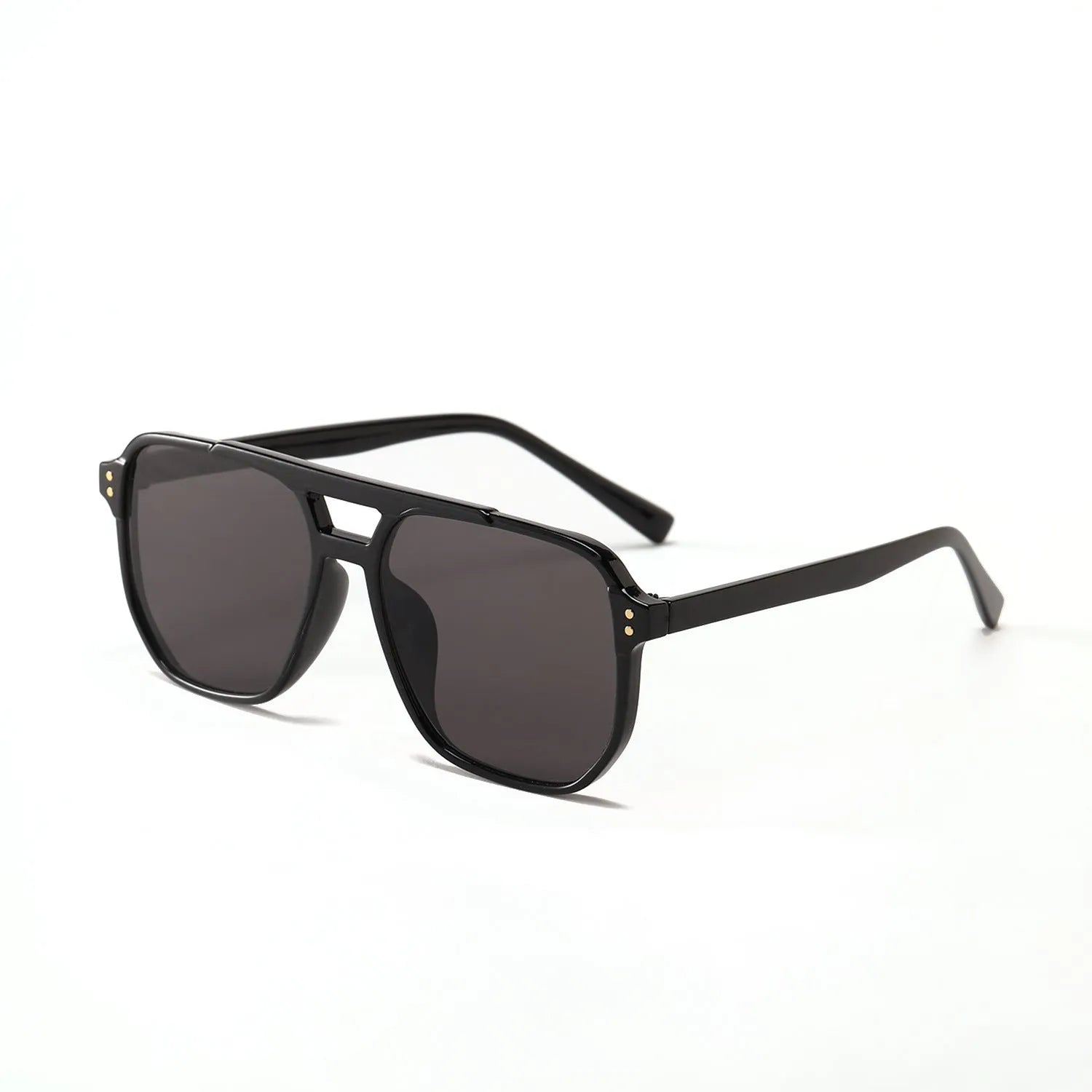 Square double beam sunglasses for women in black frame with pink lens, showing full frame design.