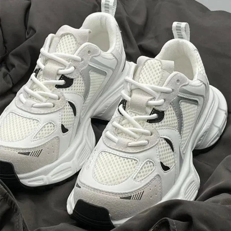 Beige Polar Wave women's mesh platform sports shoes with a wedge heel and lace-up front.