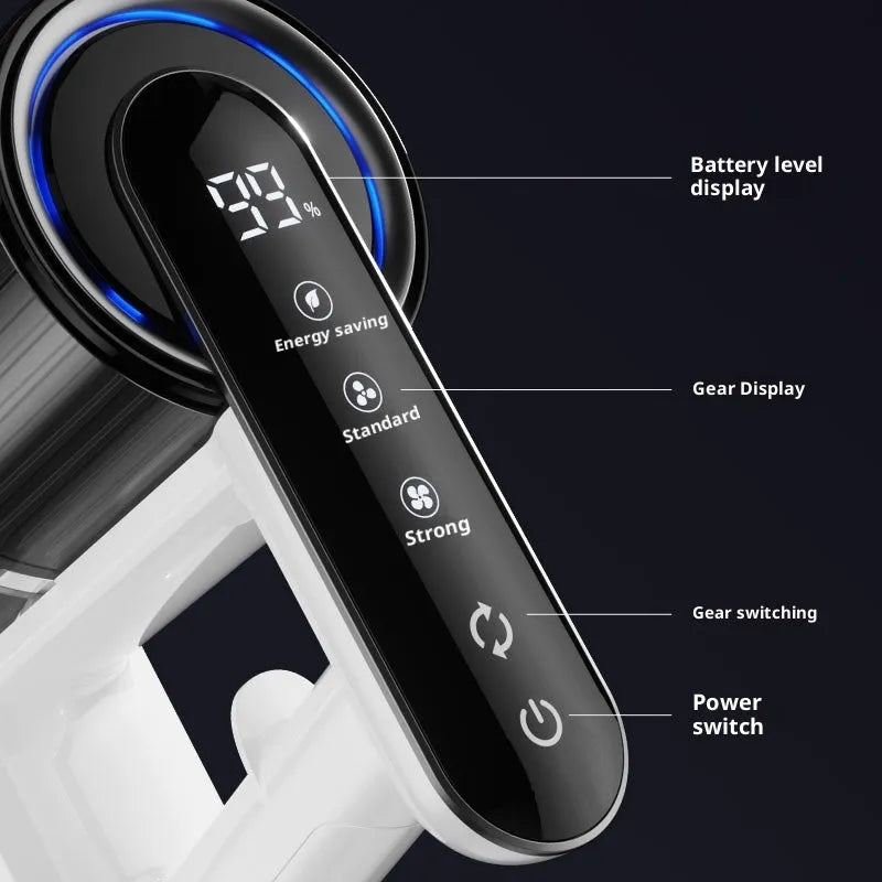 Light gray wireless handheld folding tube vacuum cleaner with LED light on a hard floor