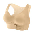 Front-clasp women's yoga sports bra with adjustable criss-cross straps and a shaping back panel.
