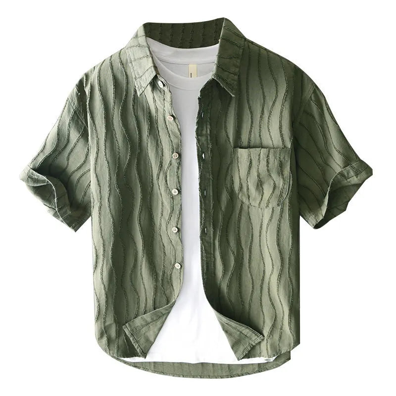 Men's apricot and army green pure cotton short sleeve casual shirt with Japanese fresh styling