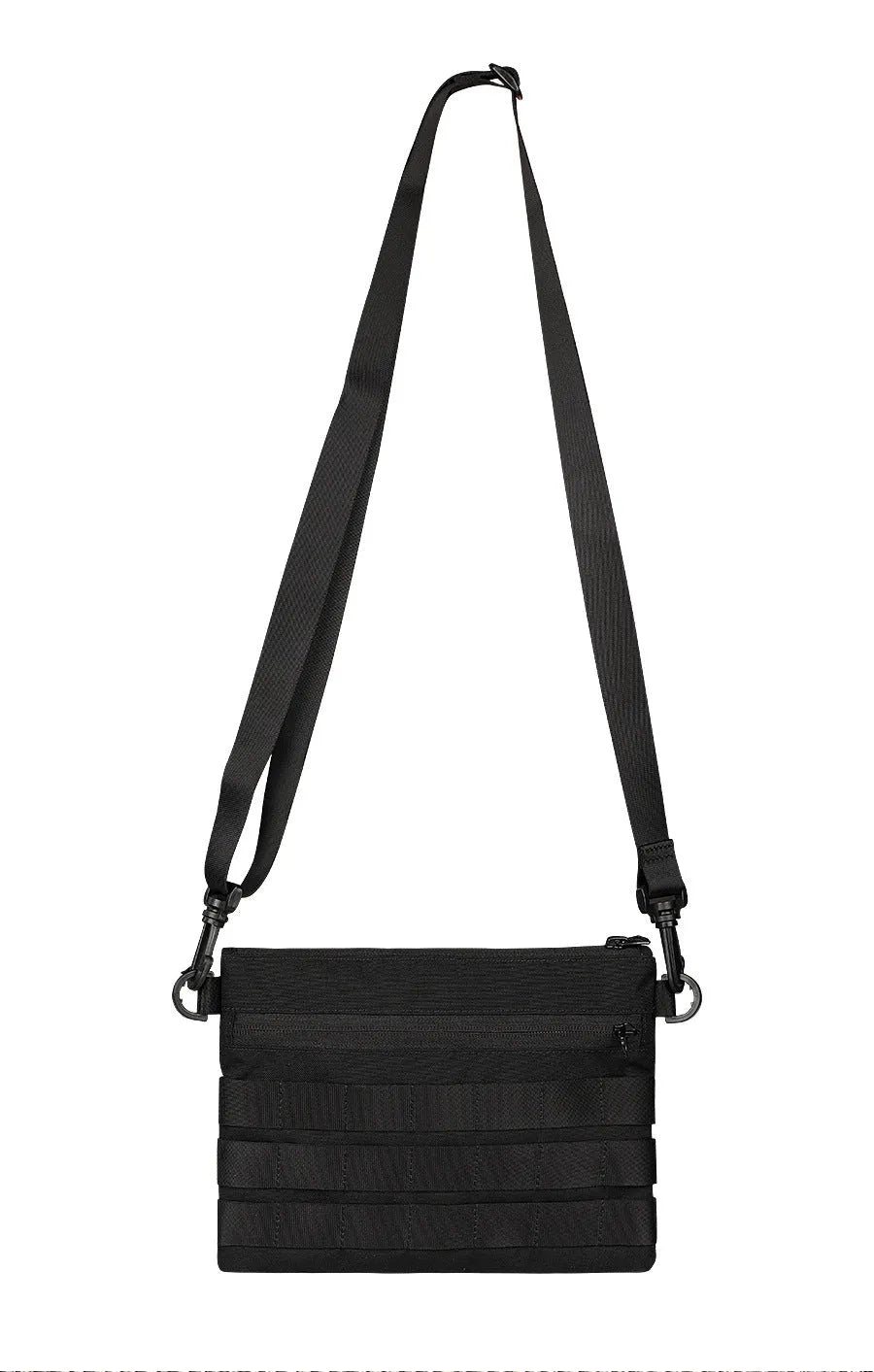 Black tactical waist pack made from Oxford cloth measuring 18cm by 3.5cm