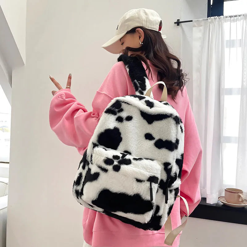 Fall cute plush student backpack with three-dimensional pocket in cow style colour