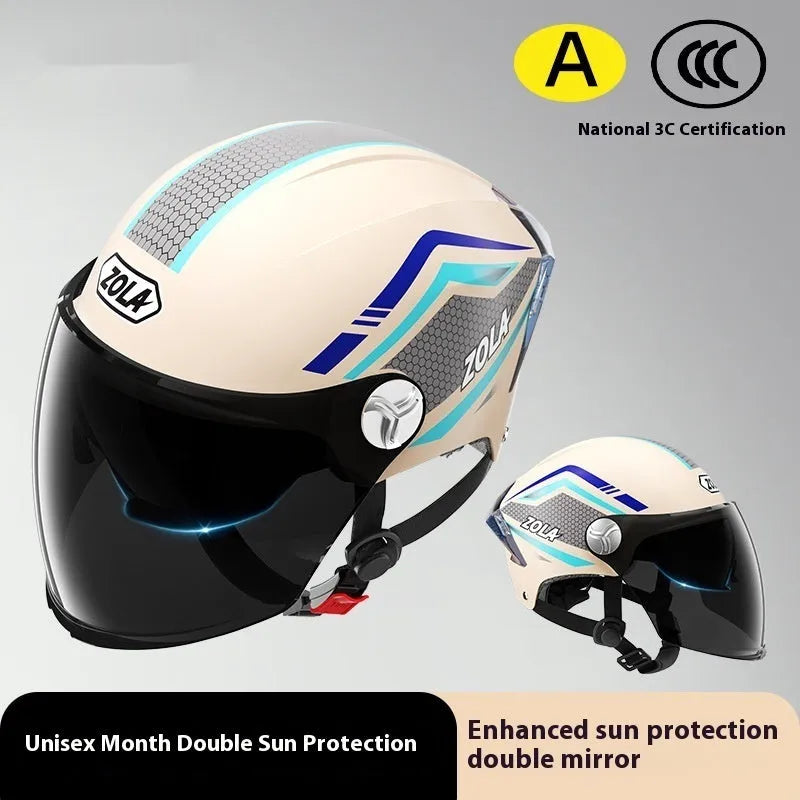 Universal 3C motorcycle half helmet with double mirror visor in light brown colour