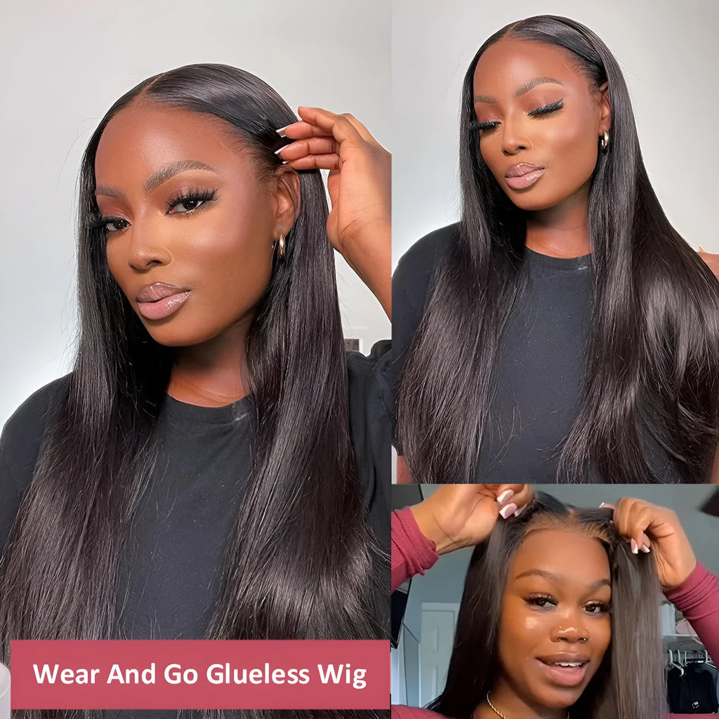 Glueless straight human hair wig with side bangs, shown in a long length.