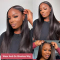 Glueless straight human hair wig with side bangs, shown in a long length.