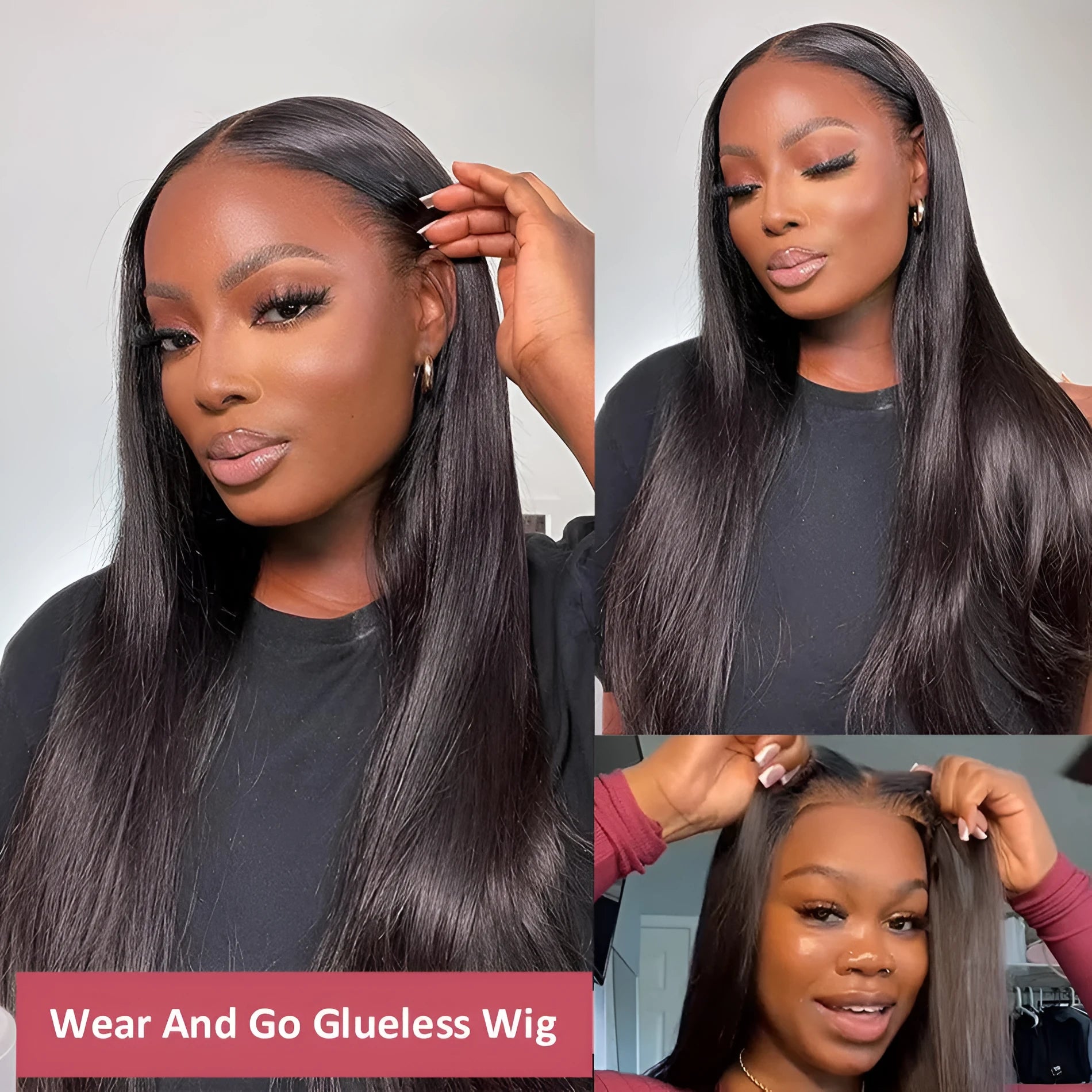 Glueless straight human hair wig with side bangs, shown in a long length.