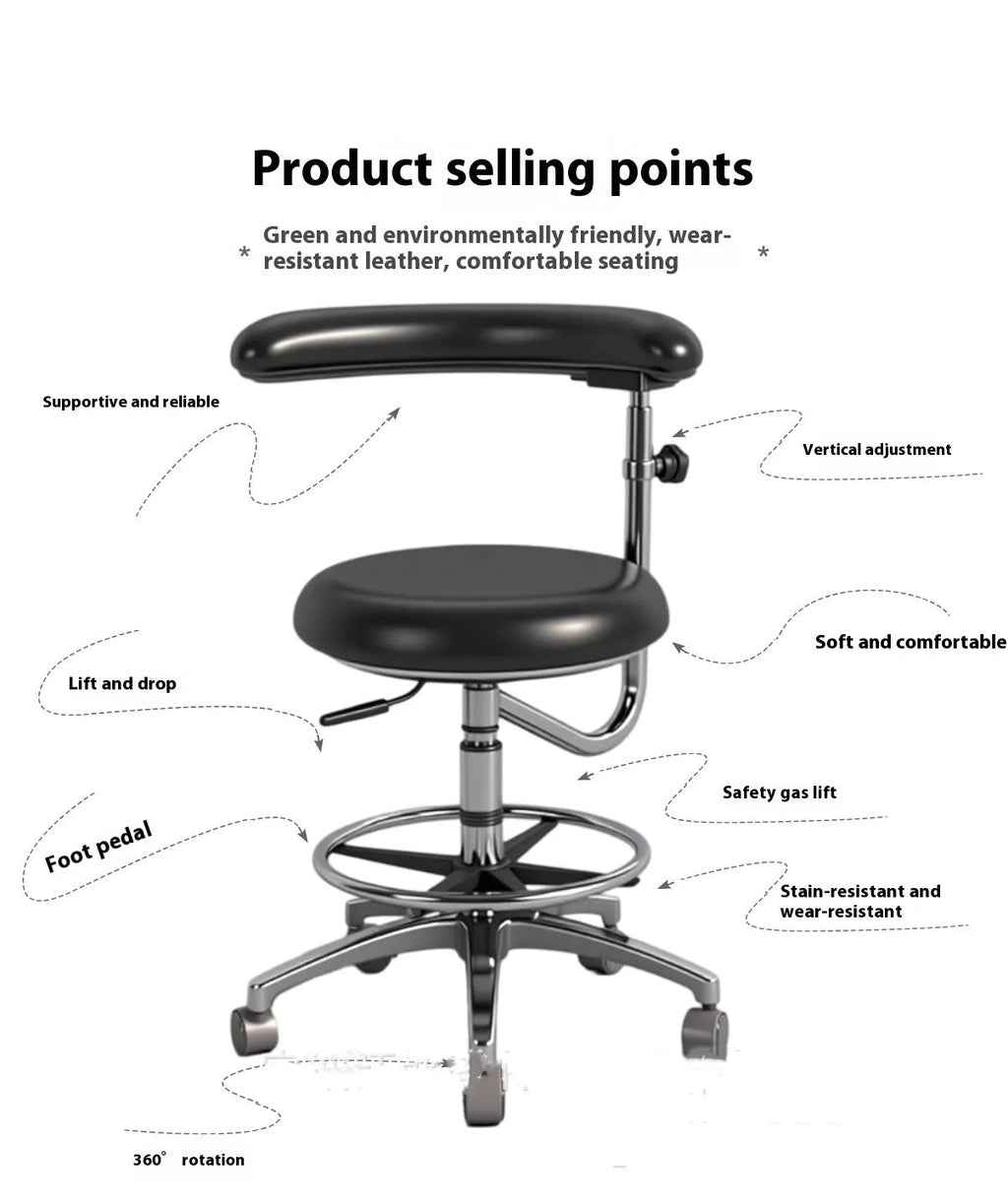 Black leather dentist and nurse chair with hydraulic lift base in a clinical setting.