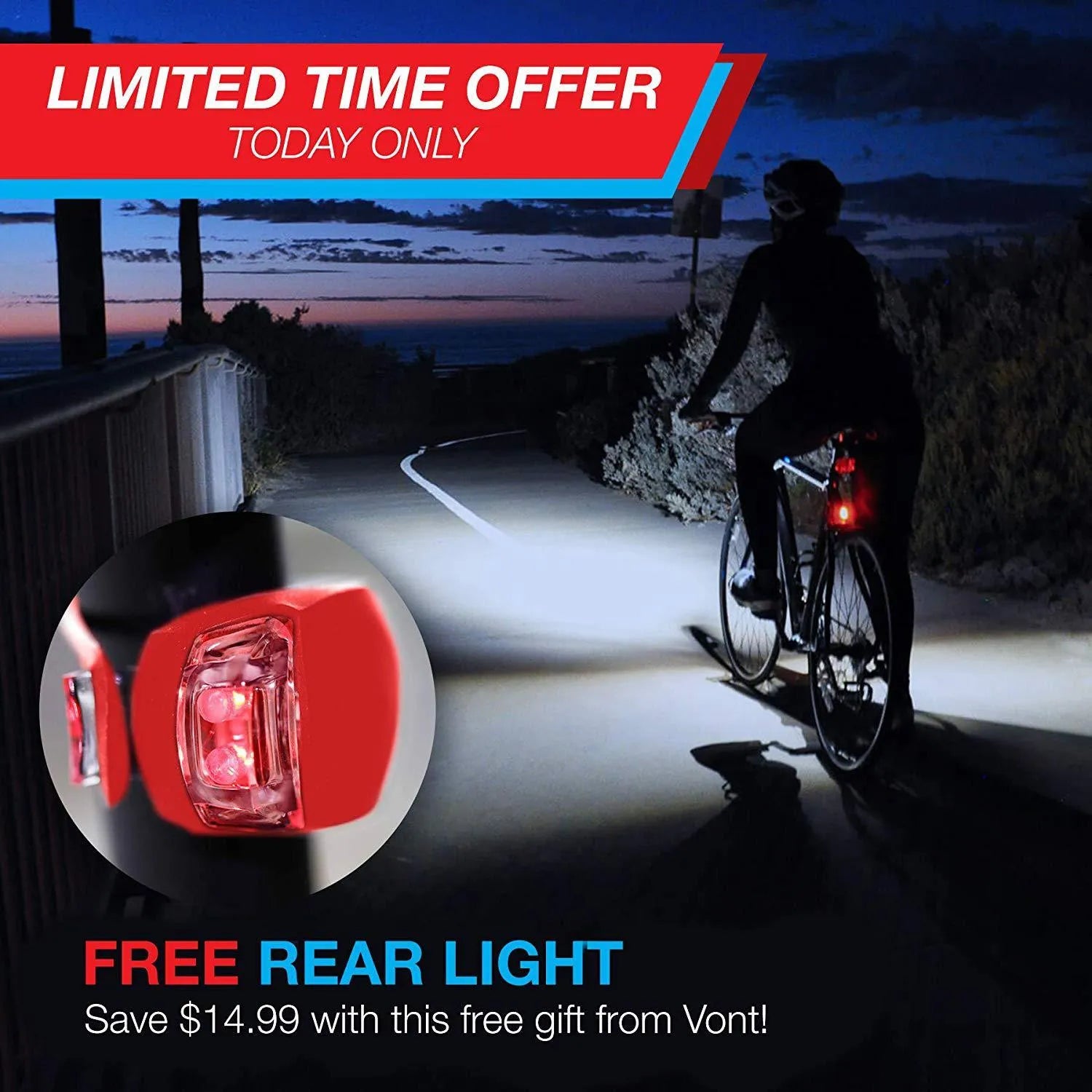 Bicycle headlight and red taillight set shown with a black mounting bracket on a handlebar.