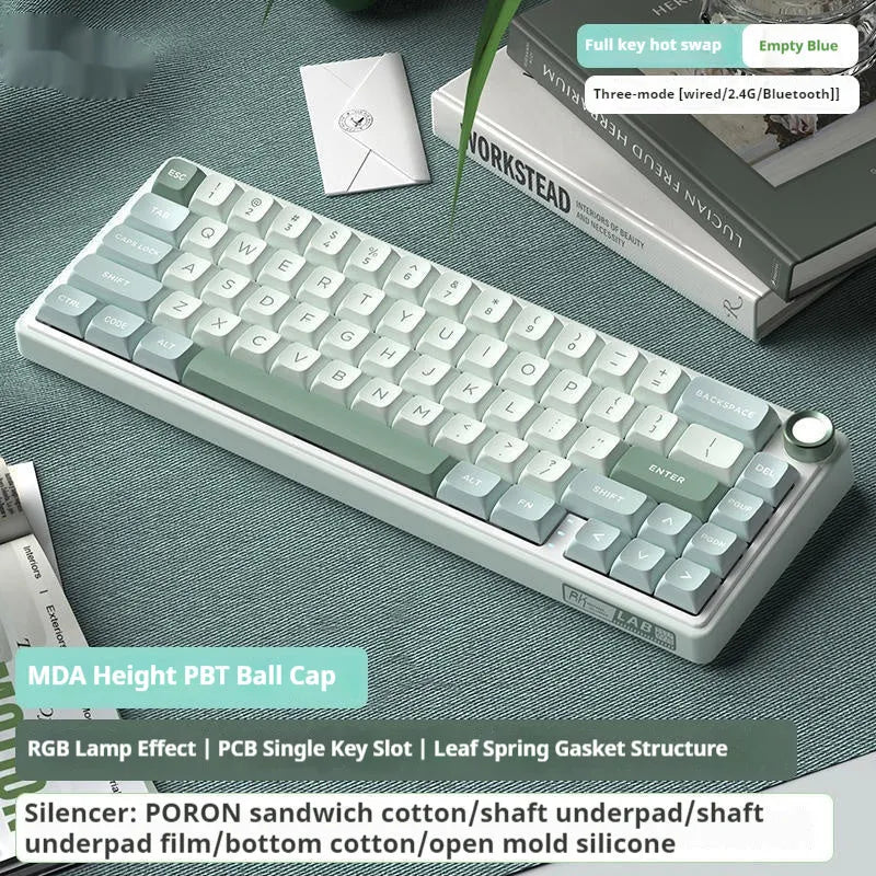 Wireless mechanical keyboard with RGB backlighting in a white colour option on a desk.
