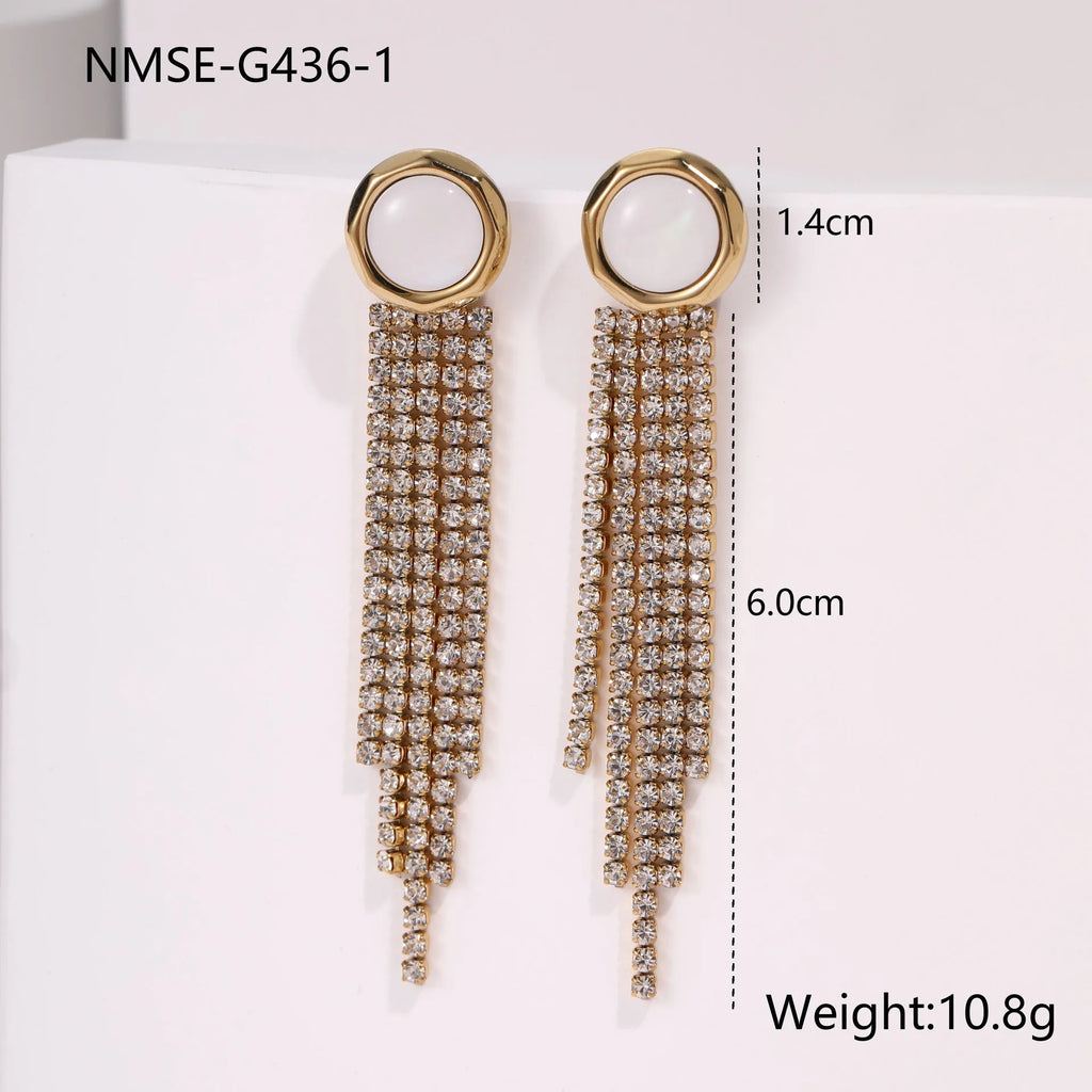 Women's stainless steel earrings with diamond tassel and heart or star shapes, 18K electroplated finish