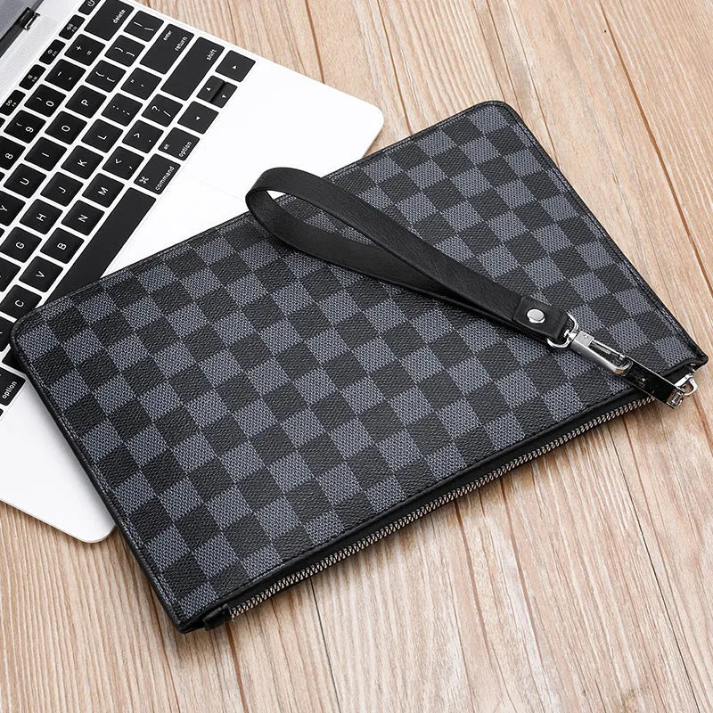 Men's soft PU leather clutch showing card slots, bill compartments, and zipper pocket