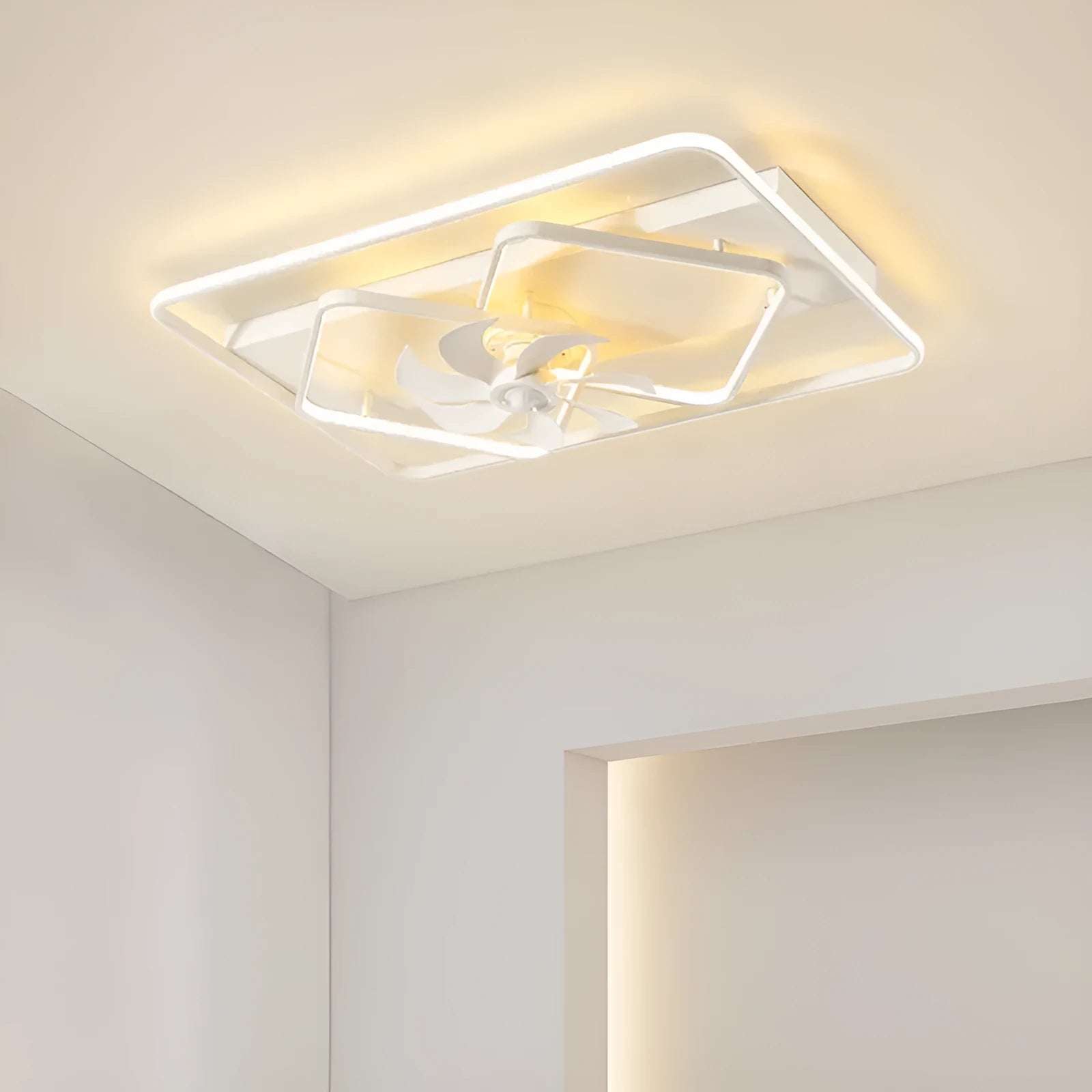 Thin suction ceiling fan with light showing plastic blades and acrylic lampshade in modern simple design