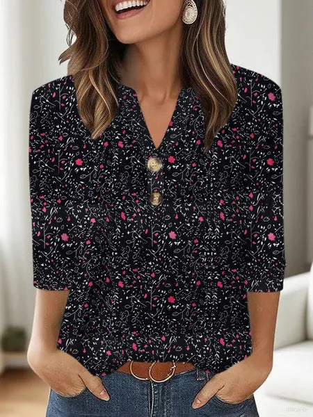 Women's casual V-neck top with 3D printed pattern in loose Japanese Korean style