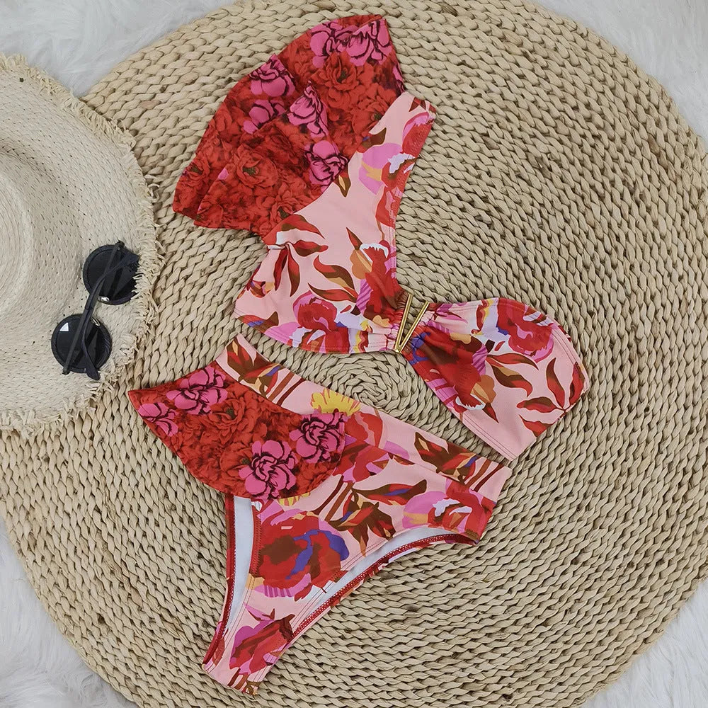 Women's pink floral one-shoulder ruffled bikini with high-waist briefs
