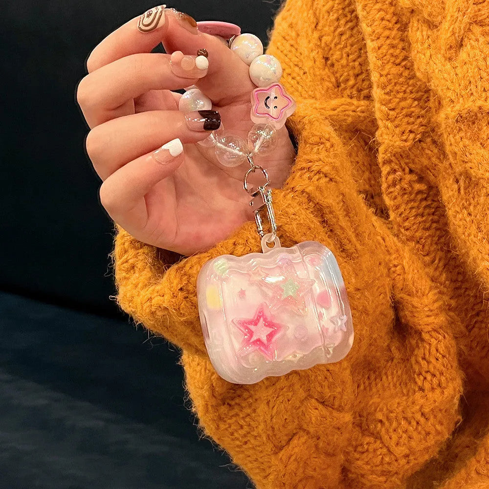 Pink transparent AirPods protective case with three-dimensional five-pointed star pattern and hand rope