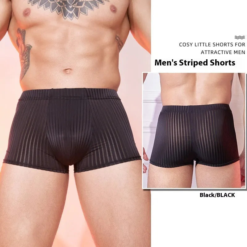 Men's striped underwear in thin transparent nylon fabric, shown in black, dark grey, and white colours.