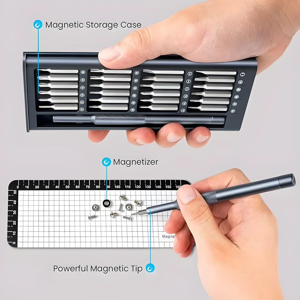25-in-one magnetic screwdriver set with knurled handle and precision bits