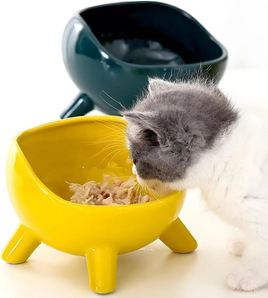 Green ceramic pet bowl with four legs and wide-mouth design for cats and small dogs