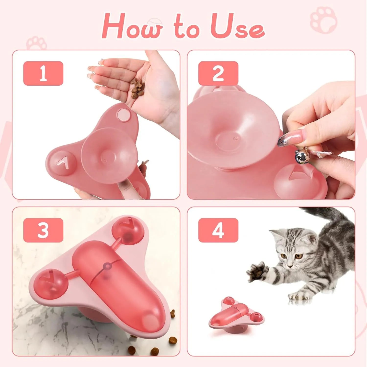 Blue interactive pet puzzle toy with bell, catnip, and clear snack cabin on a suction cup base.