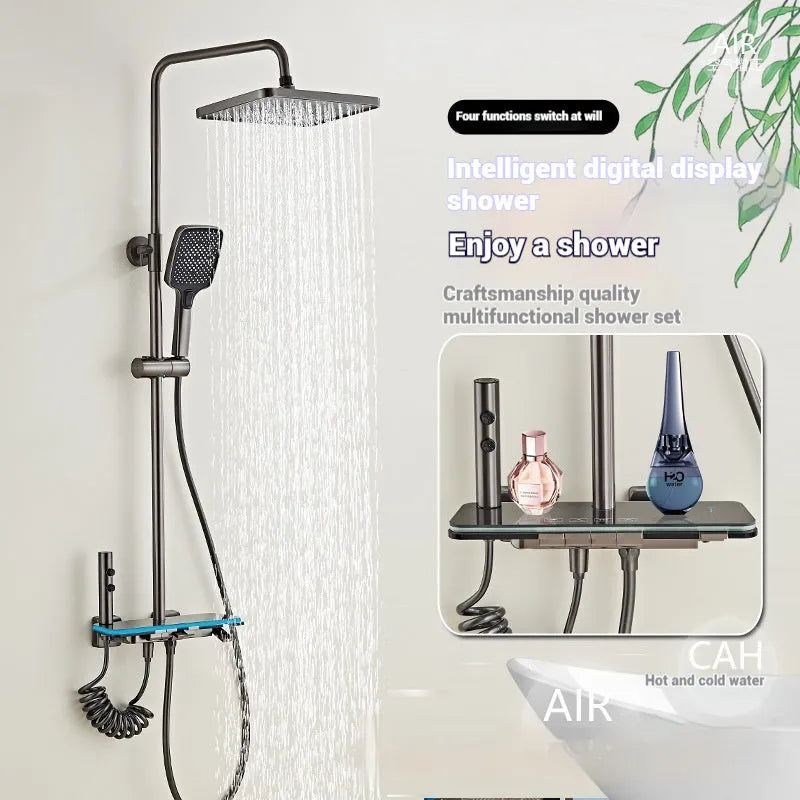 Aluminium digital display shower head set in white or grey finish for concealed bathroom installation.