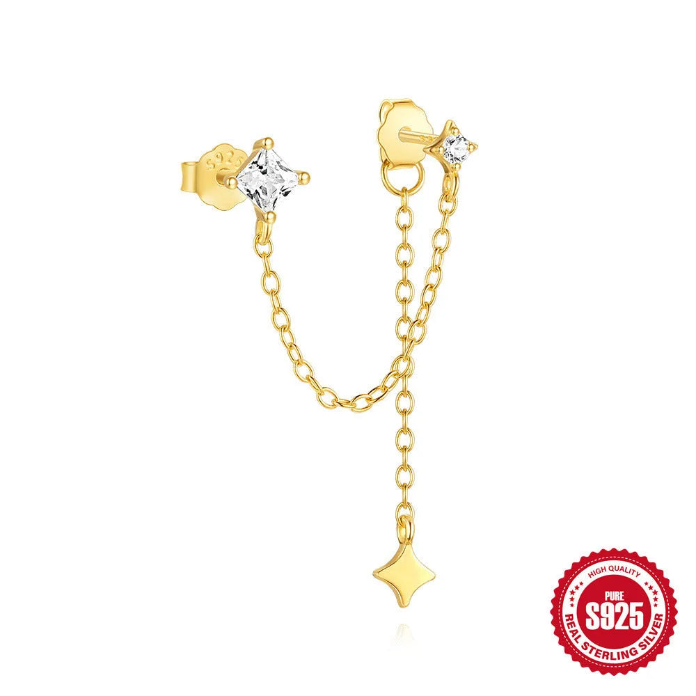 S925 sterling silver zircon geometric stud earrings with gold-plated finishes in clover, crown and chain designs