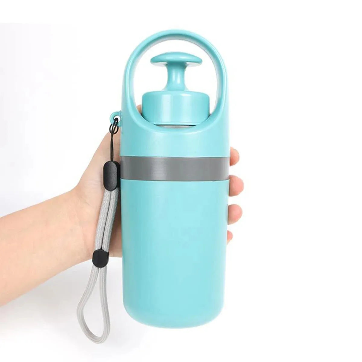 Blue plastic pet pooper scooper with claw mechanism and built-in garbage bag dispenser for outdoor waste collection