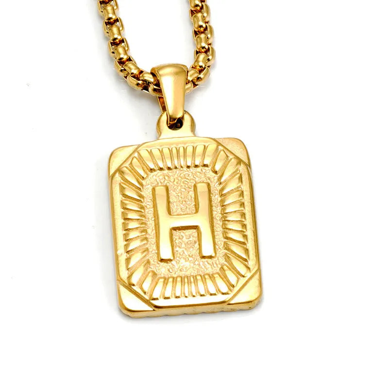 Gold-plated 18K titanium steel letter pendant necklace with pearl chain, gold colour, unisex design