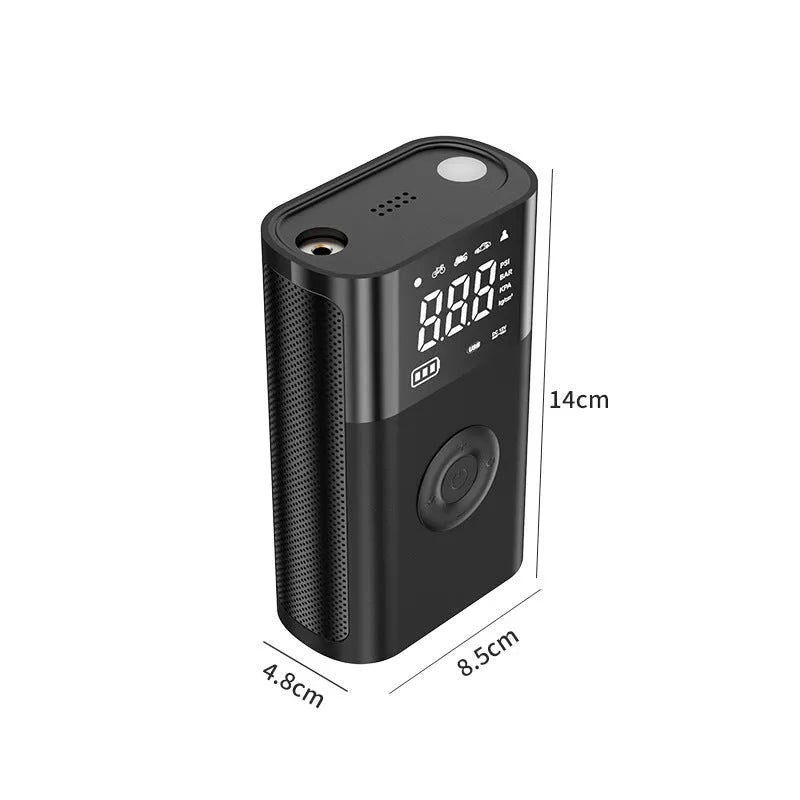 Wireless handheld digital tyre inflator with LCD screen, LED light, and attachments for car, bike, and ball valves.