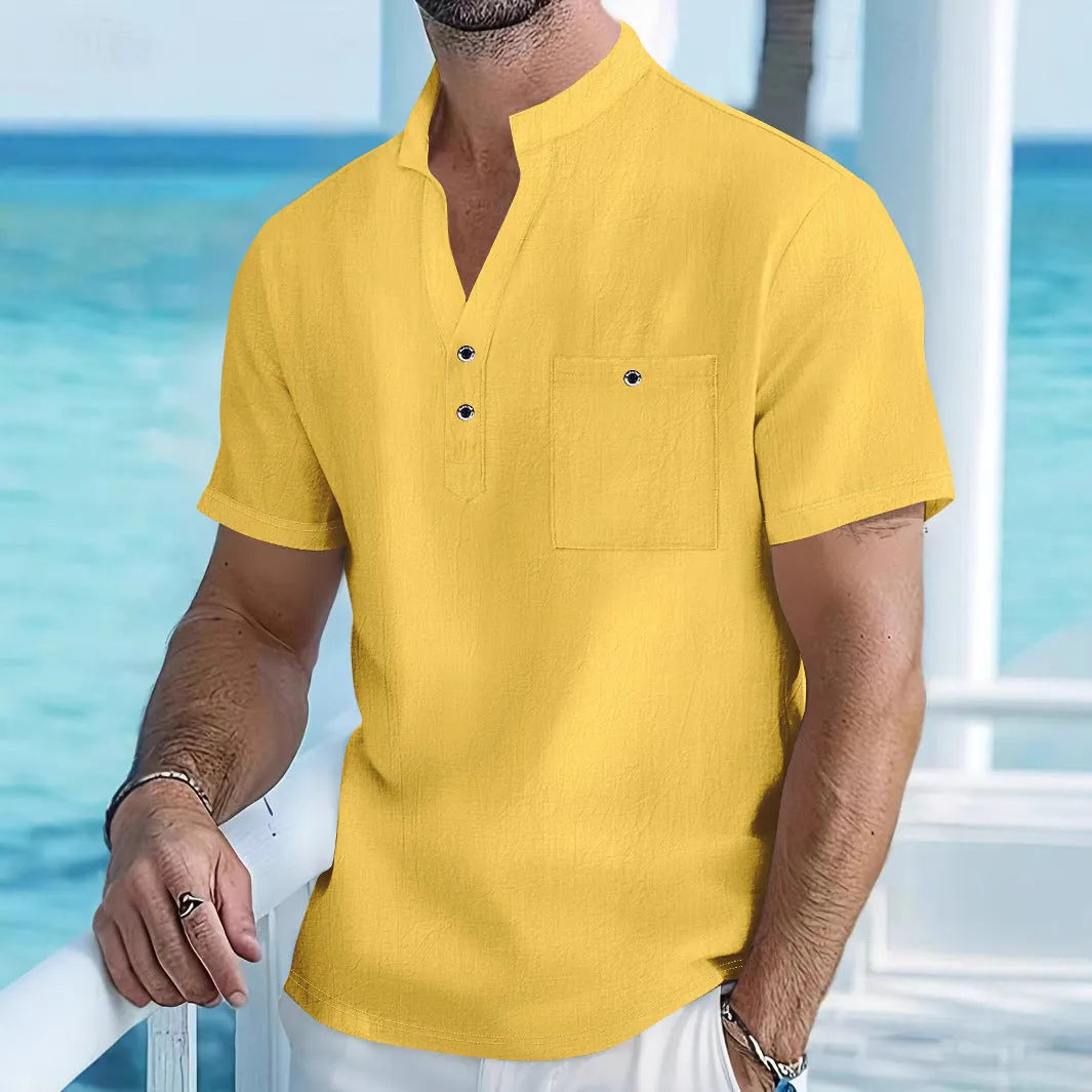 Men's linen stand collar t-shirt in loose fit with short sleeves