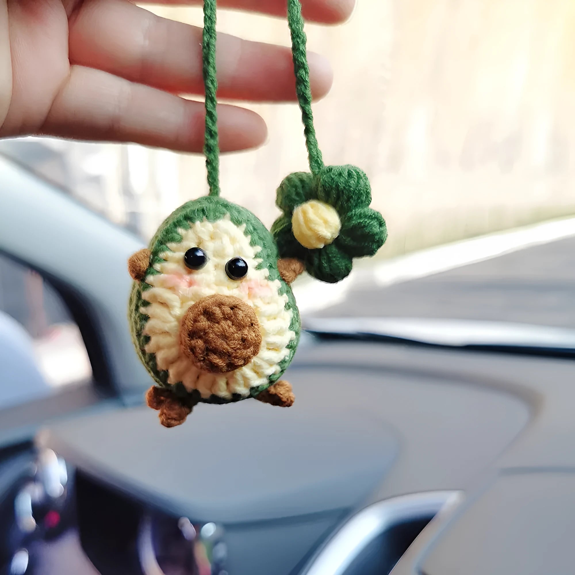 Handmade crocheted avocado rainbow flower car pendant in wool yarn for vehicle interior decoration