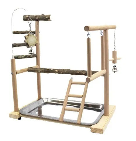 A pepper wood parrot play stand and toy gym for medium to large birds.