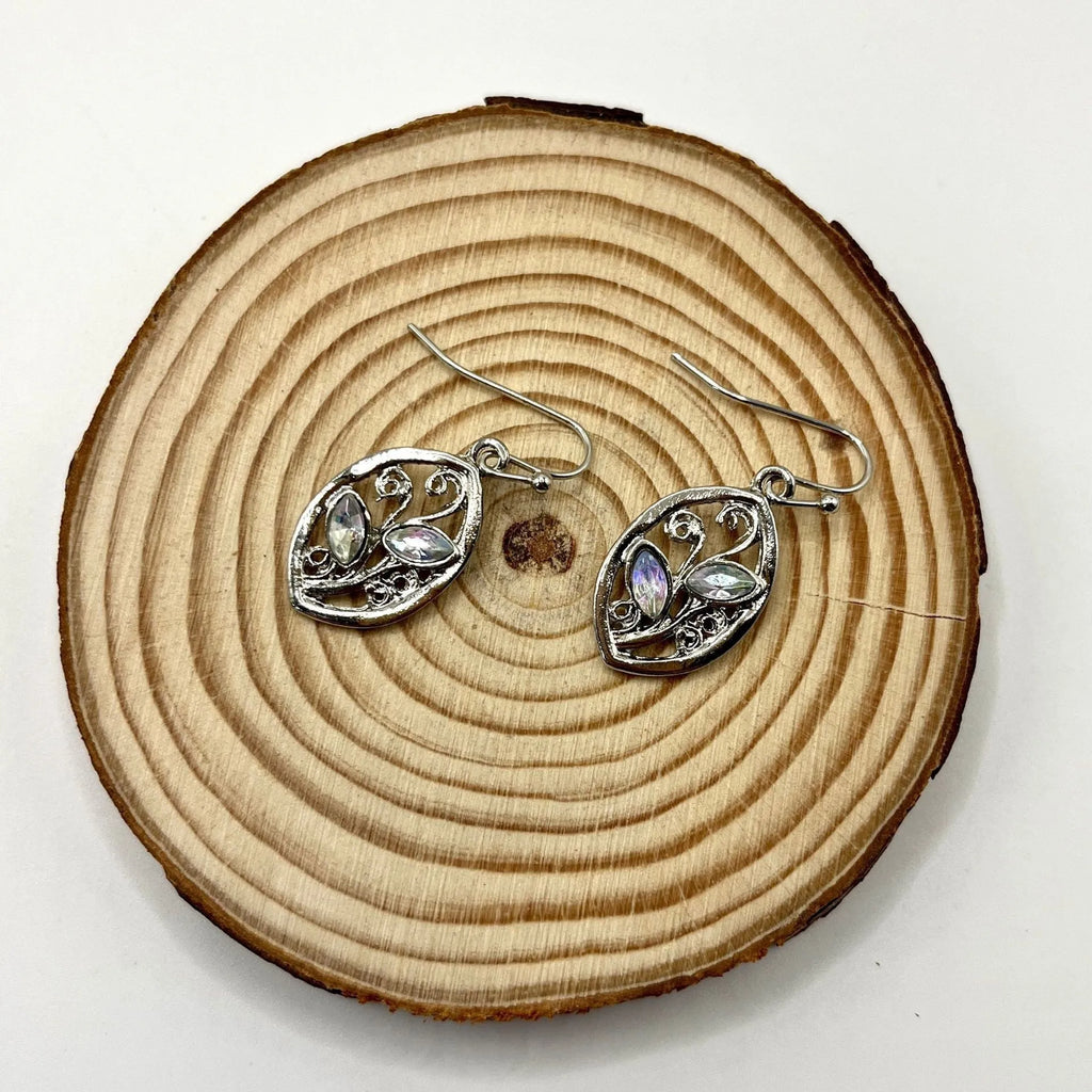 Silver alloy leaf earrings with embedded colourful moonstones for women