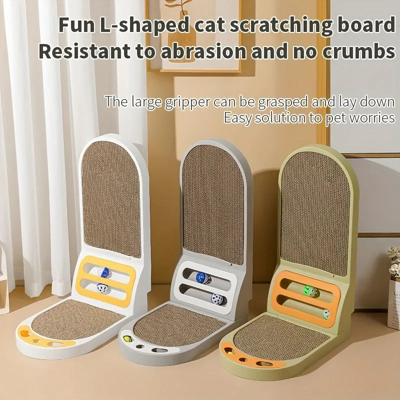 L-shaped vertical cat scratching board in grey, green, or white, showing thickened scratching surface.