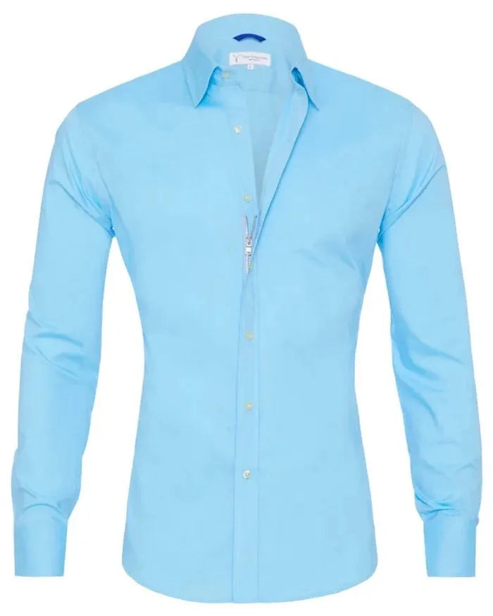 Men's long sleeve zipper shirt with button lapel, solid colour, slim fit cotton blend top